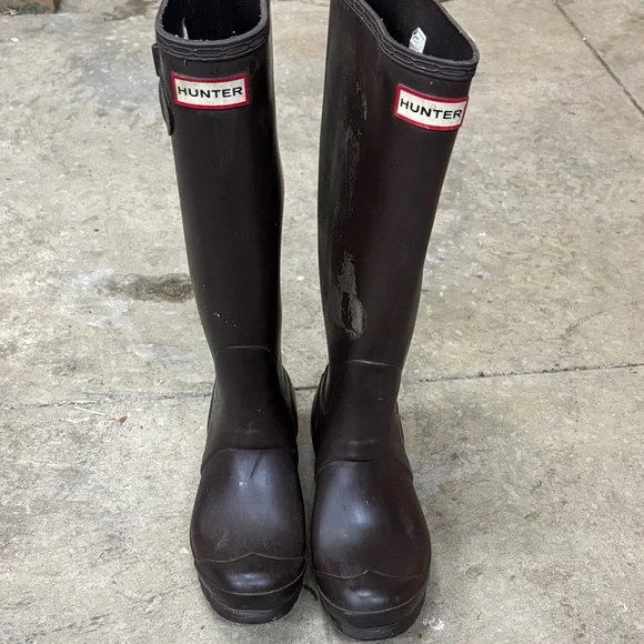 Hunter Dark Brown Tall Gloss Rain Boots - Picture 1 of 11